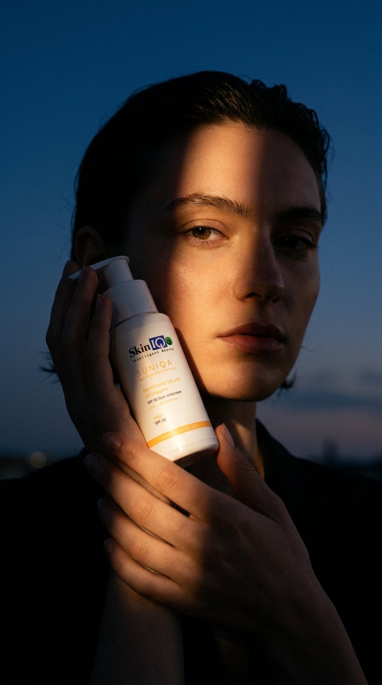 AI product shot of SUNIQA Protezione solare viso SPF 50 ultraleggera