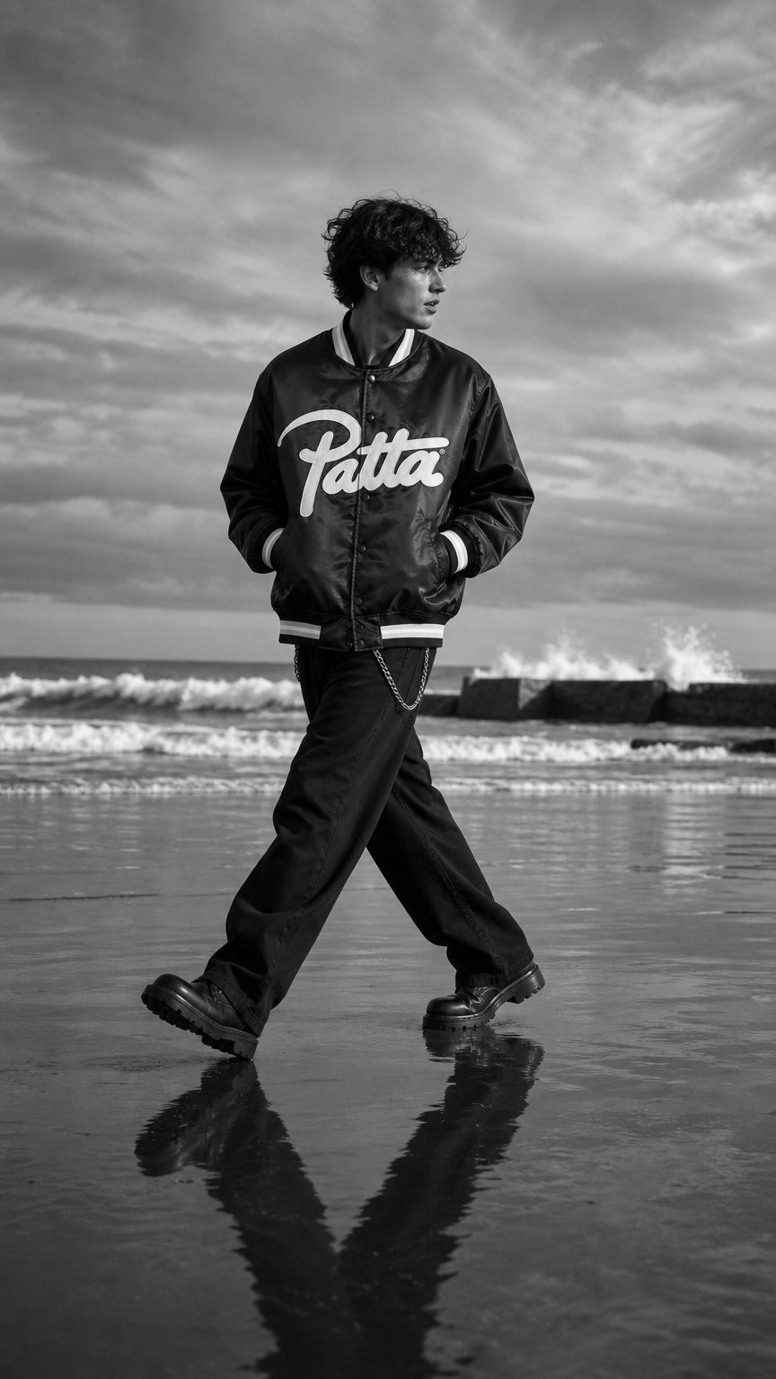 AI product shot of Patta Script Logo Satin Varsity Jacket (Black)