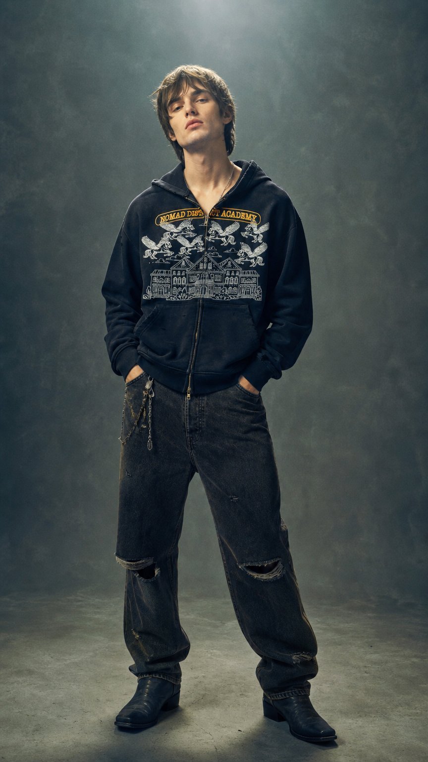 AI product shot of Nomad District Academy Zip Up Hoodie Black
