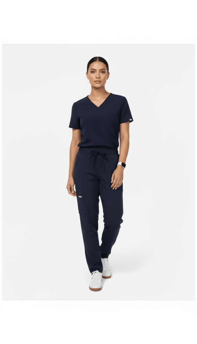 AI product shot of IRONIK Navy Blue Scrub Set - Top & Cargo Pants