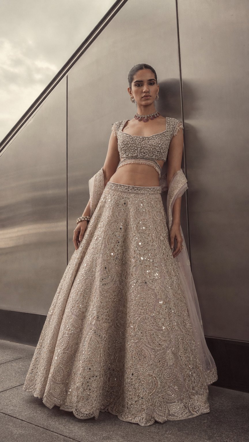 AI product shot of CHAMPAGNE OPAL EMBROIDERED LEHENGA SET