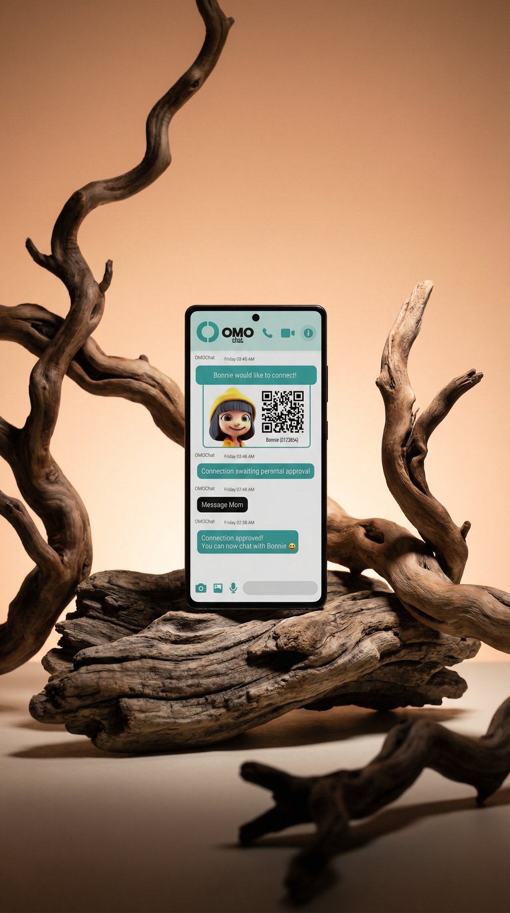 AI product shot of OMOchat App (as depicted on Contact Us page)