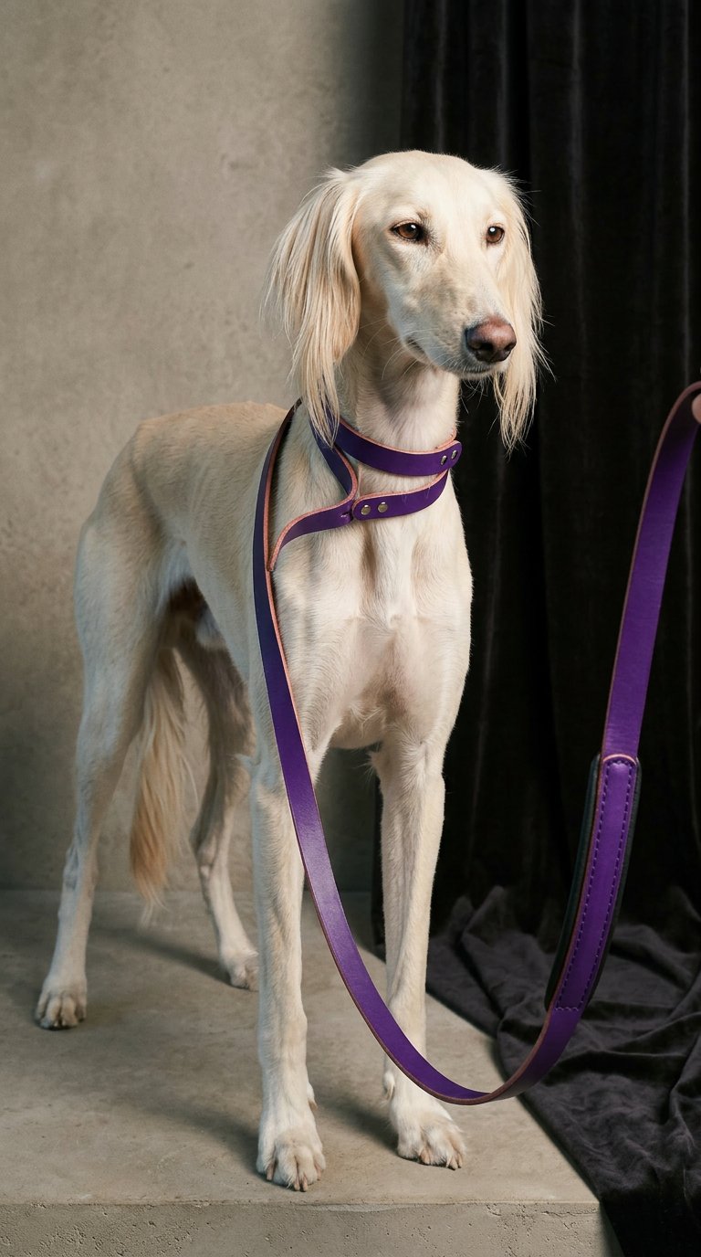 AI product shot of Premium Dual Handle Leather Dog Leash (6ft/2m) color purple