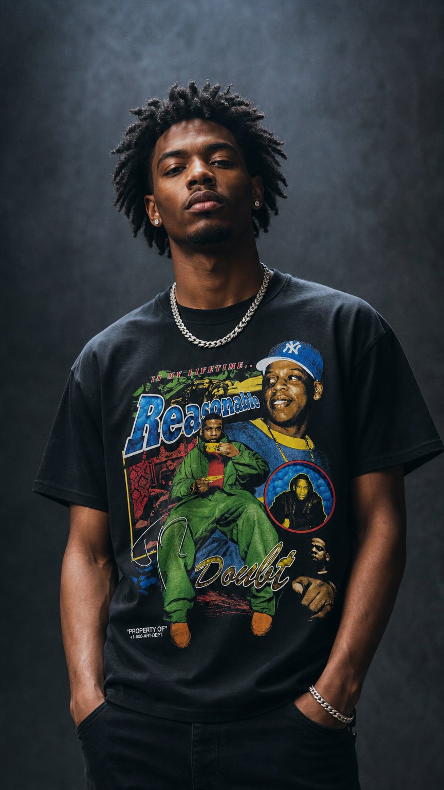 AI product shot of The '96 Archive: Reasonable Doubt 30th Anniversary Bootleg Roc-A-Fella Jay-Z Tribute Tee