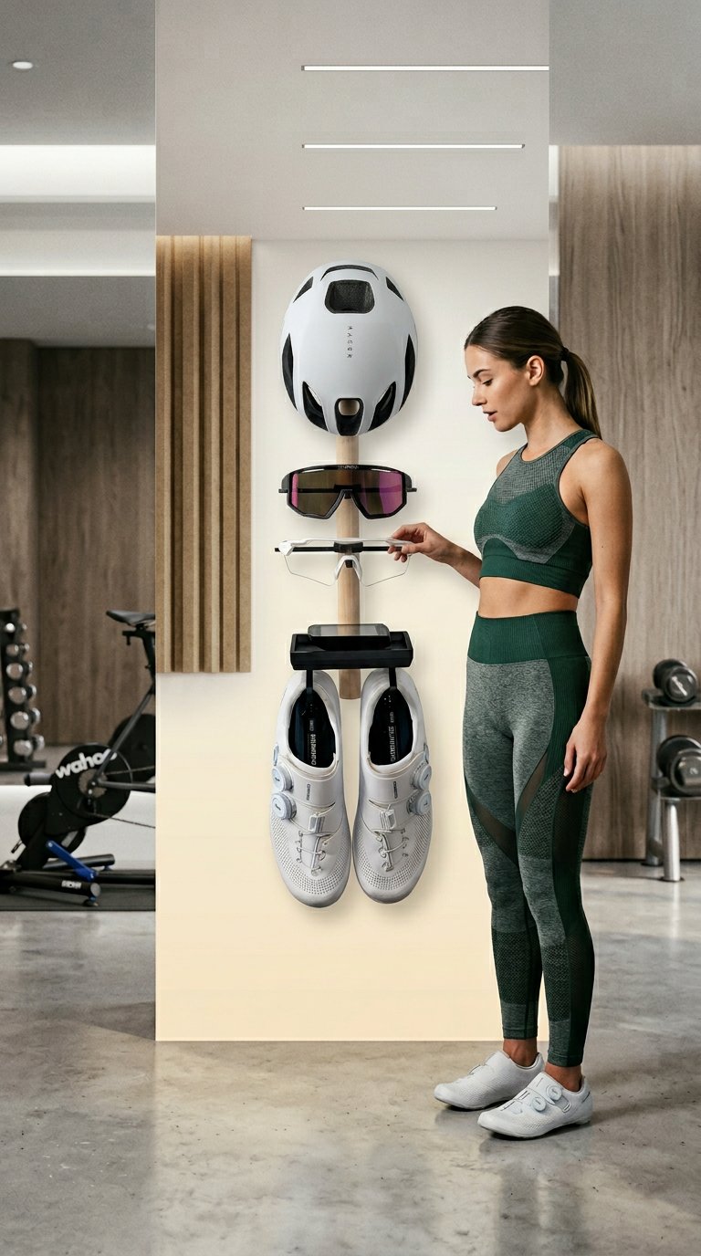 AI product shot of Vertical Bike Gear Organizer