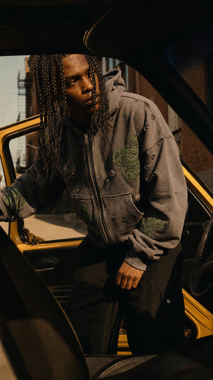 AI product shot of Peace chain hoodie (purple)