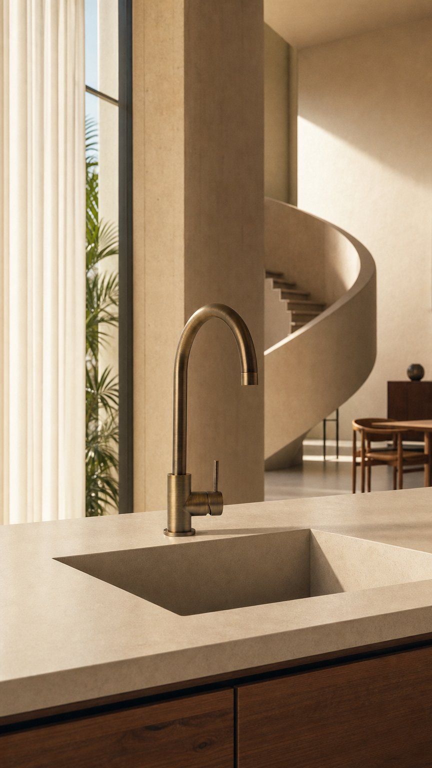 AI product shot of Sydney Round Kitchen Mixer Antique Brass
