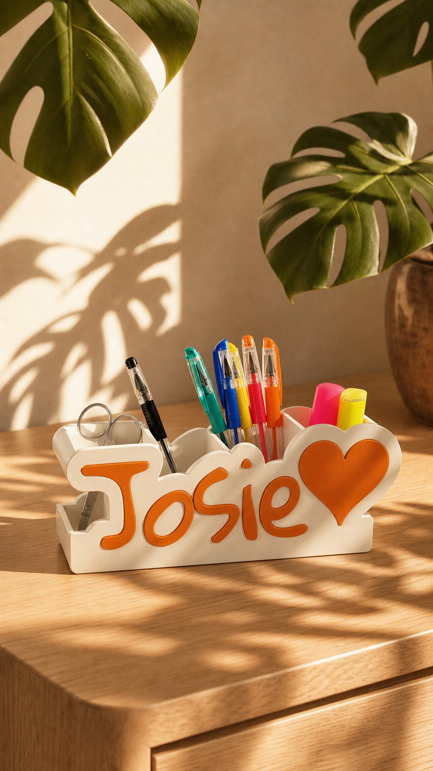 AI product shot of Personalised Name Desk Organiser – Custom Pen Pot Stationery Holder - Name & Heart Design - Kids Desk Tidy