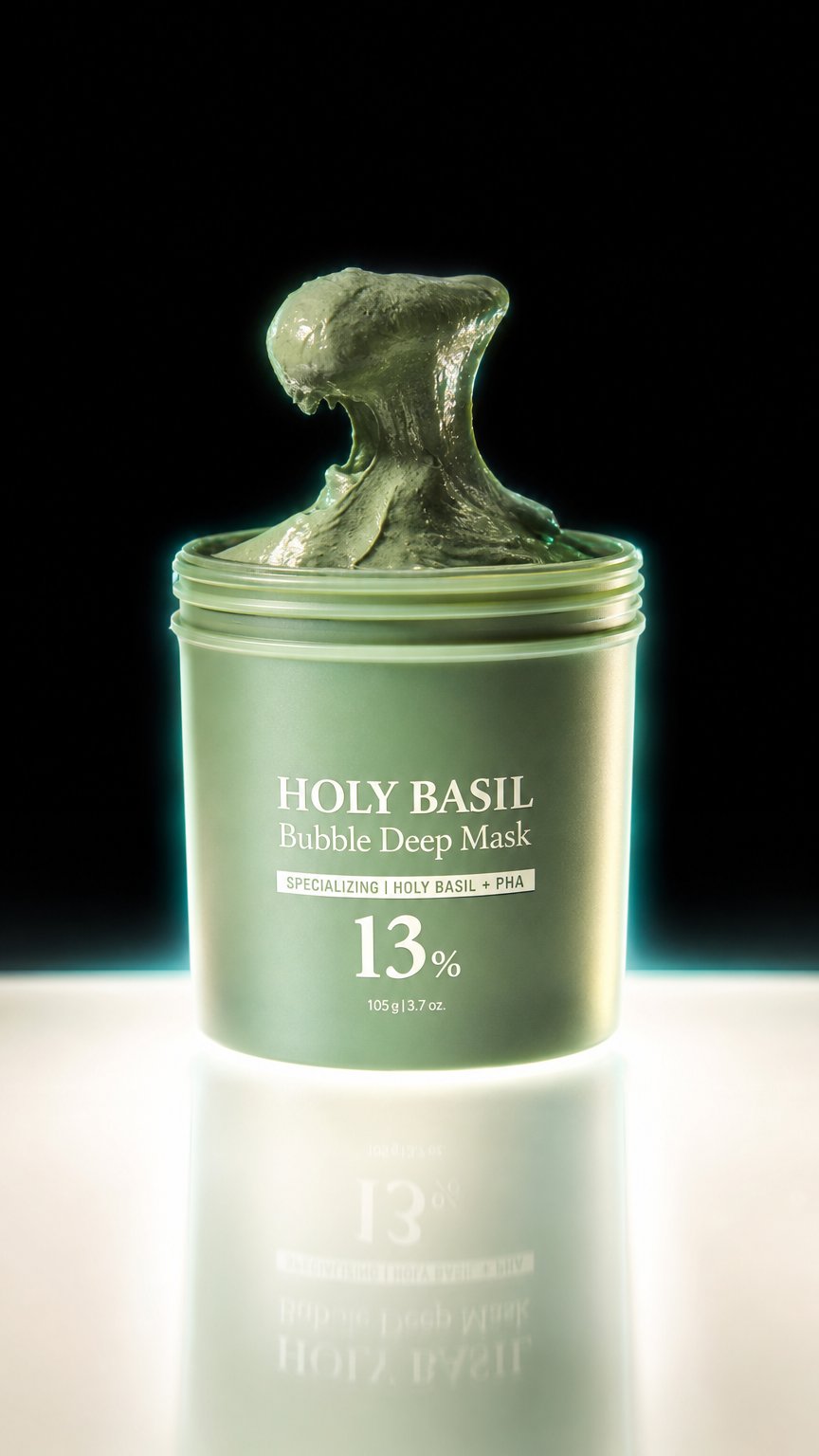 AI product shot of Holy Basil bubble mask