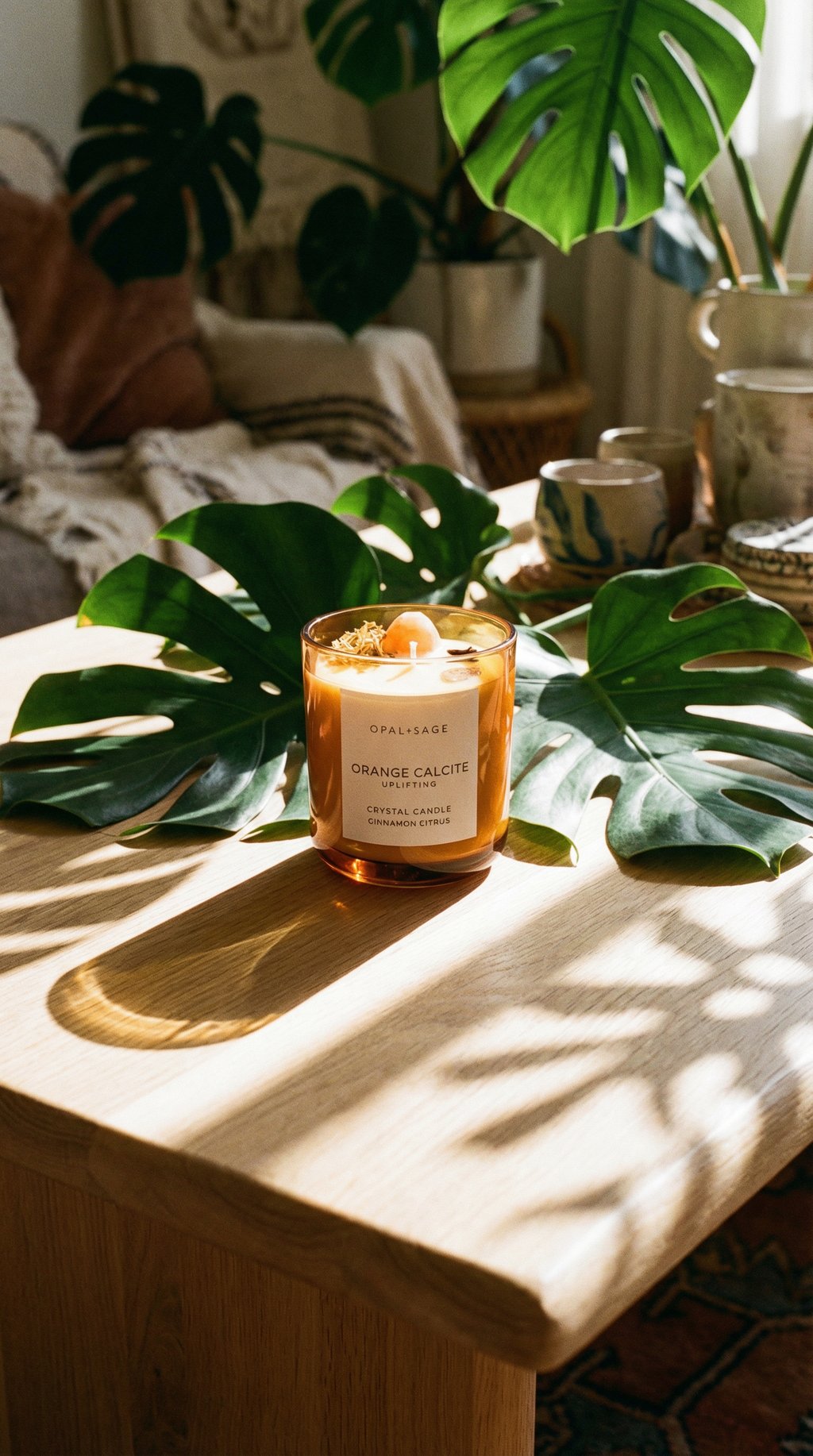 AI product shot of Orange Calcite Crystal Candle