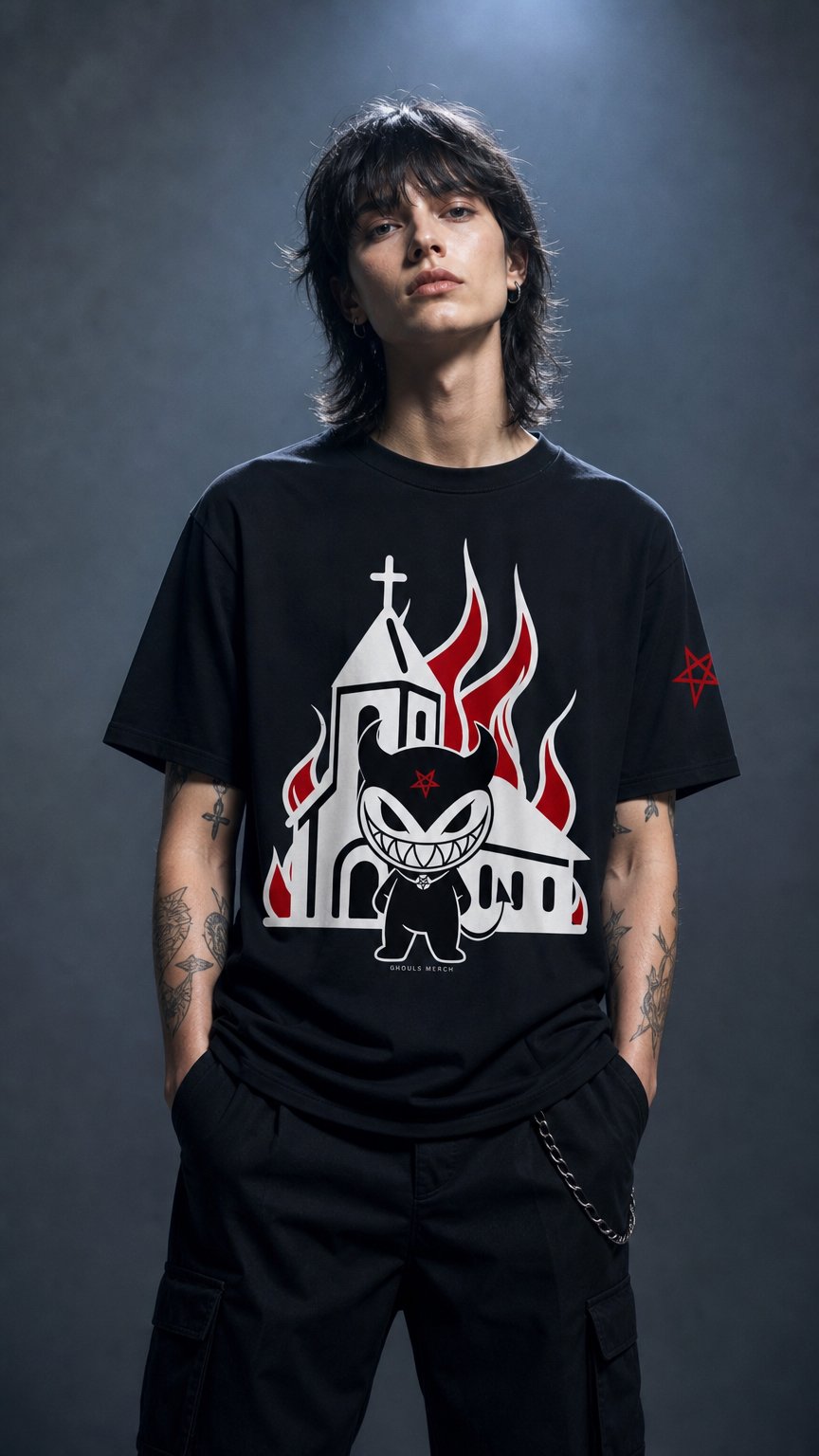 AI product shot of BURNING CHURCH - T-SHIRT