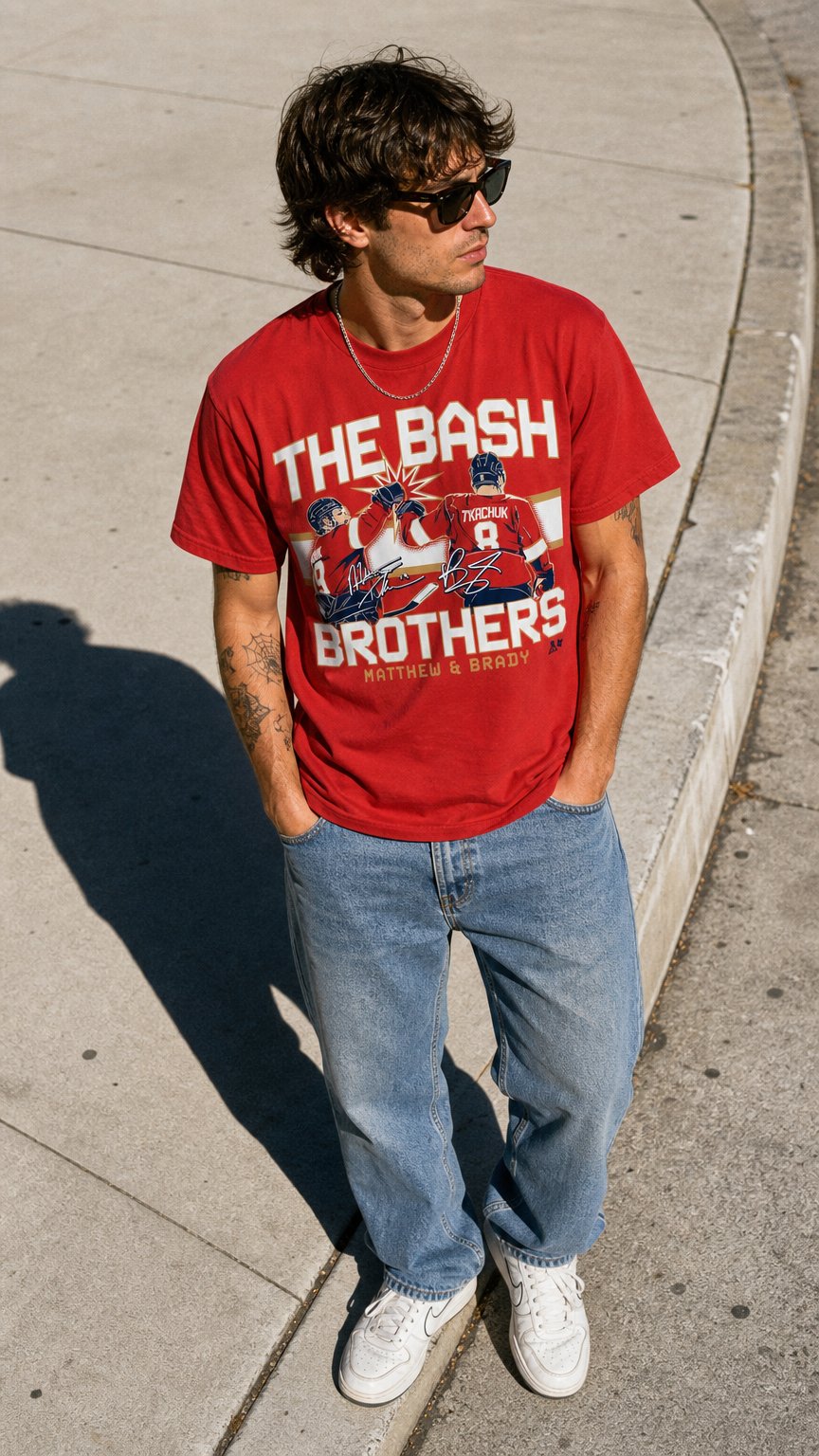 AI product shot of Bash Brothers Men's T-Shirt (Matthew & Brady Tkachuk) - Red