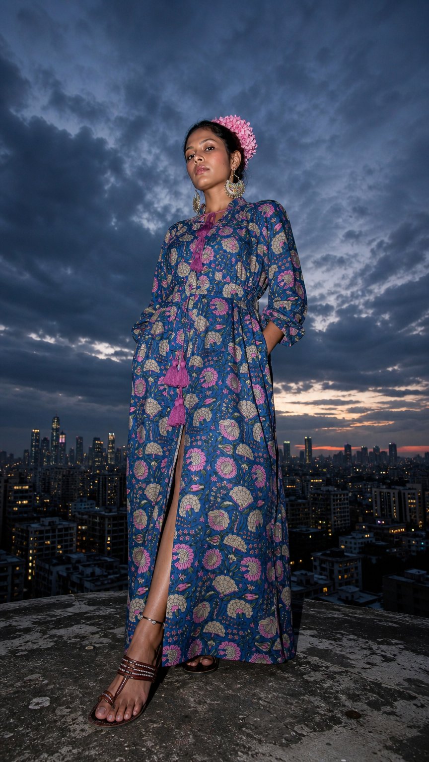 AI product shot of Maxi Kaftan Jaipur Blossom Print With Pink - Purple Tassels - PRE ORDER