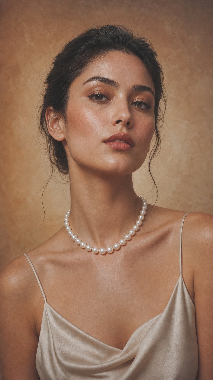 AI product shot of N-004 | Natural White Shimmering Pearl Necklace