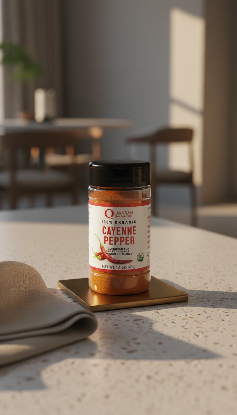 AI product shot of 100% Organic Cayenne Spice Powder