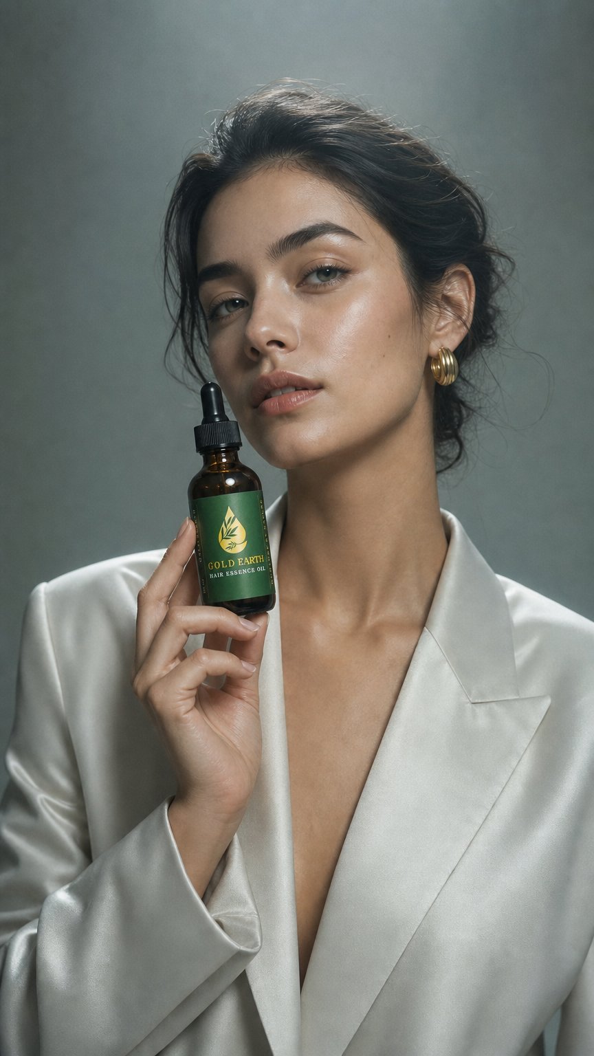 AI product shot of Gold Earth Hair Essence 3 Bottle Transformation Bundle | Natural Hair Growth Oil for Men & Women | Menopause & Thinning Hair