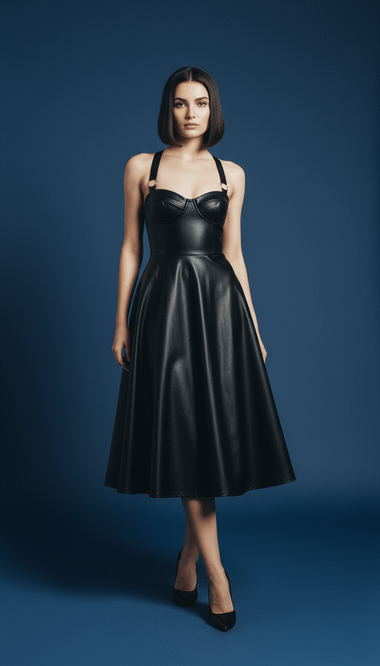 AI product shot of SHEIN MOD Plus Size Black Retro Palace Style Women PU Slip Dress