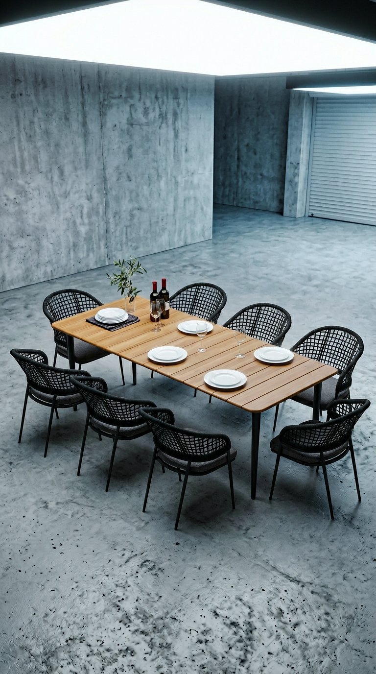 AI product shot of Kalama 8 Seat Rectangular Dining Set with Teak Table in Charcoal