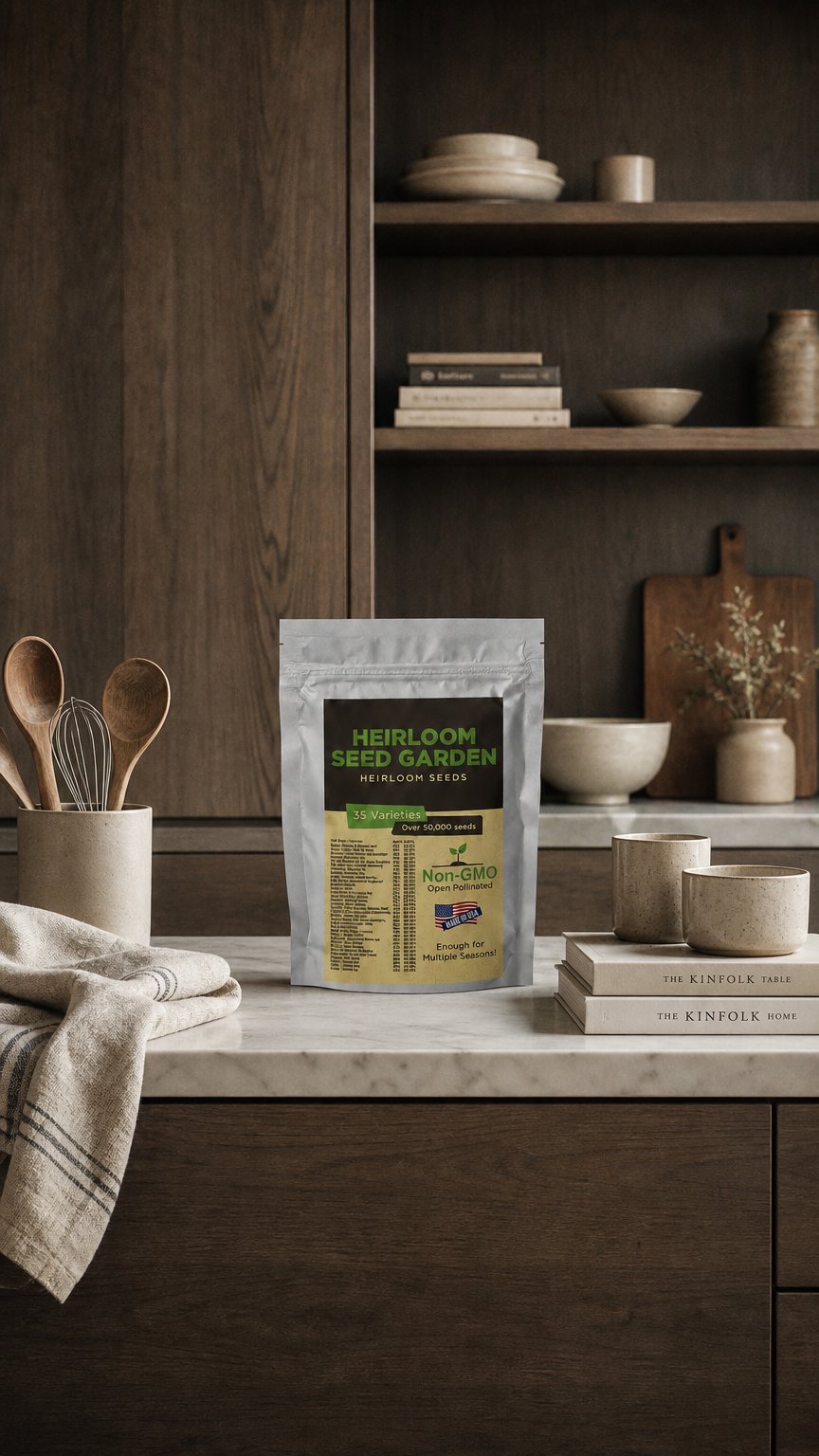 AI product shot of Garden's Pulse Heirloom Seed Vault Kit (35 Pack)