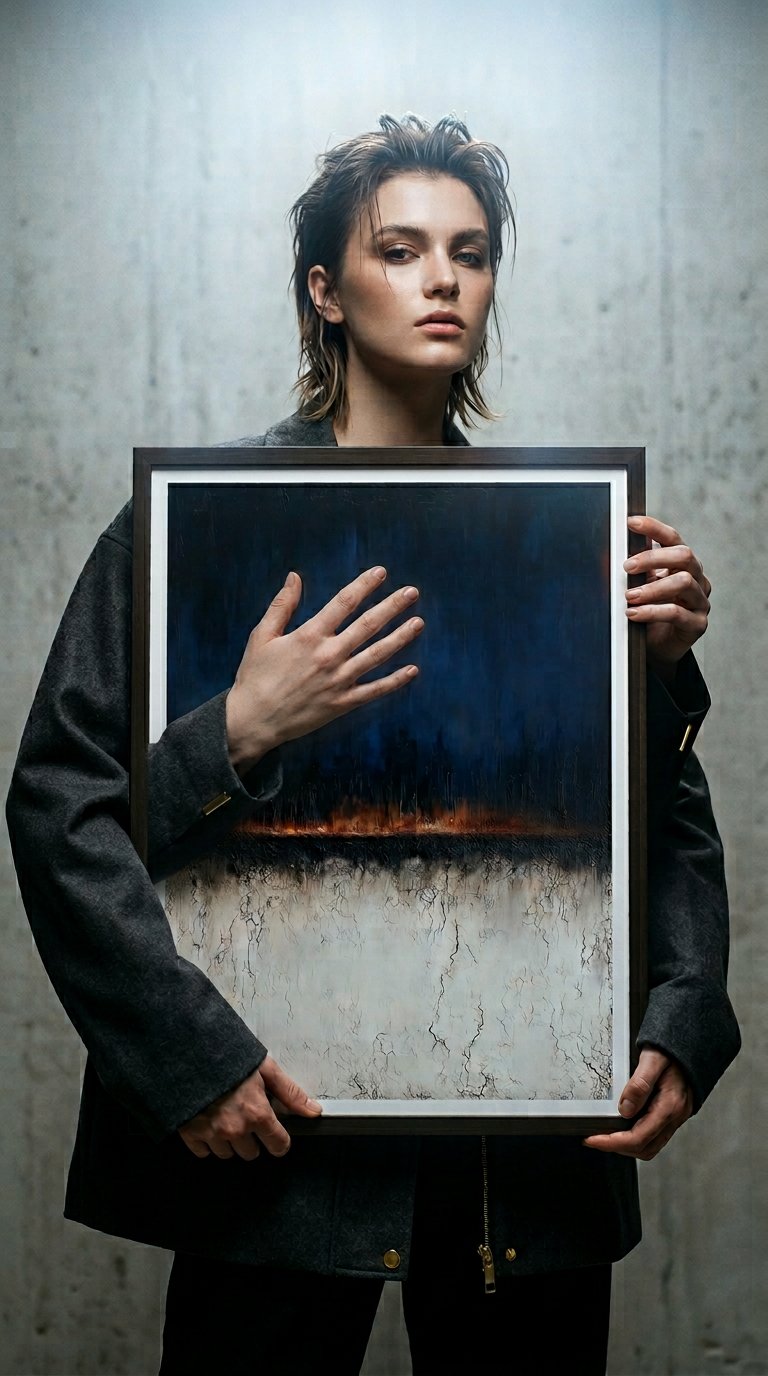 AI product shot of Moody Horizon Abstract Wall Art | Dark Minimalist Landscape Print | Navy & Burnt Orange Decor