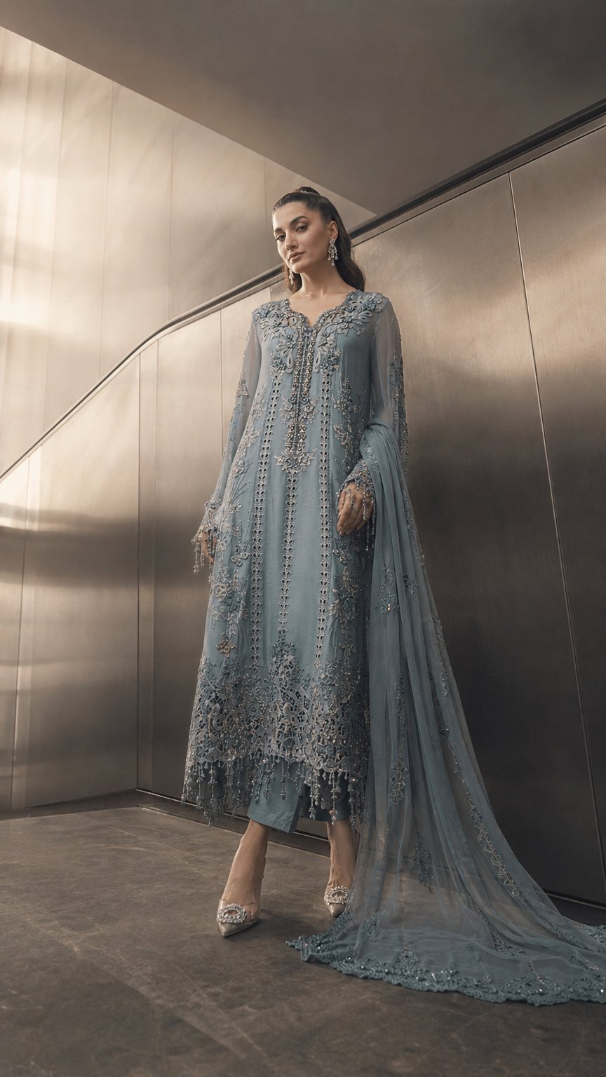 AI product shot of 3 Piece Unstitched Embroidered Chiffon Suit