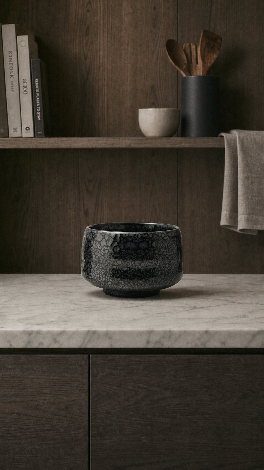 AI product shot of Tianmu Oil Drop Matcha Bowl | Japanese Glazed Pottery Tea Set