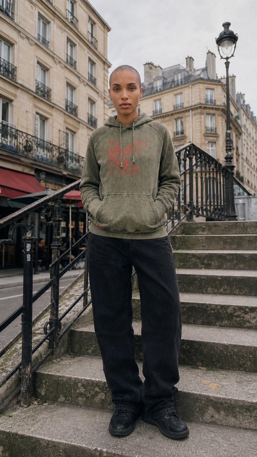AI product shot of House Of Auset Hoodie (Washed Olive Green and Red Auset)