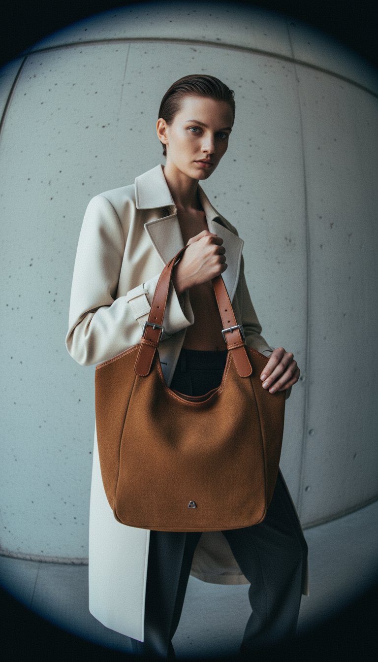 AI product shot of LUANA Shopper Bag a spalla in Suede con manico in pelle regolabile