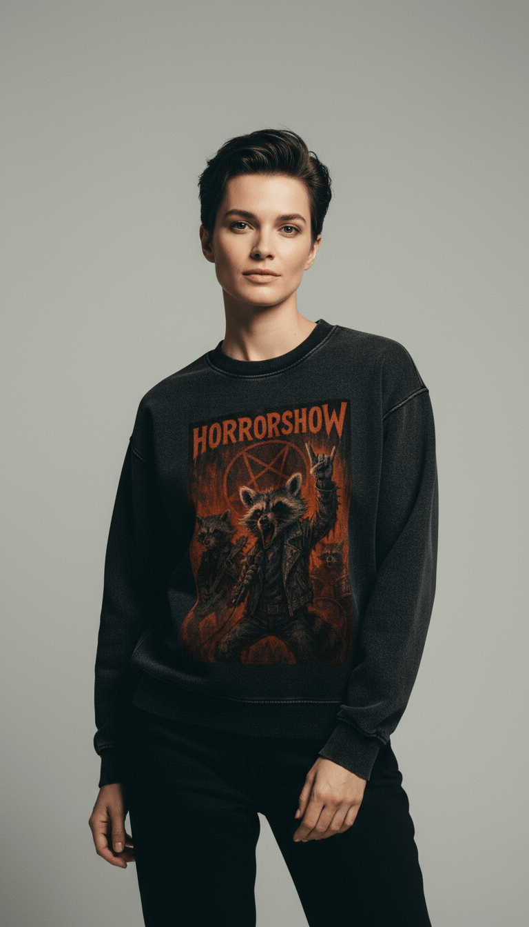 AI product shot of Horror show Unisex Super Heavyweight Oversized Faded Sweatshirt