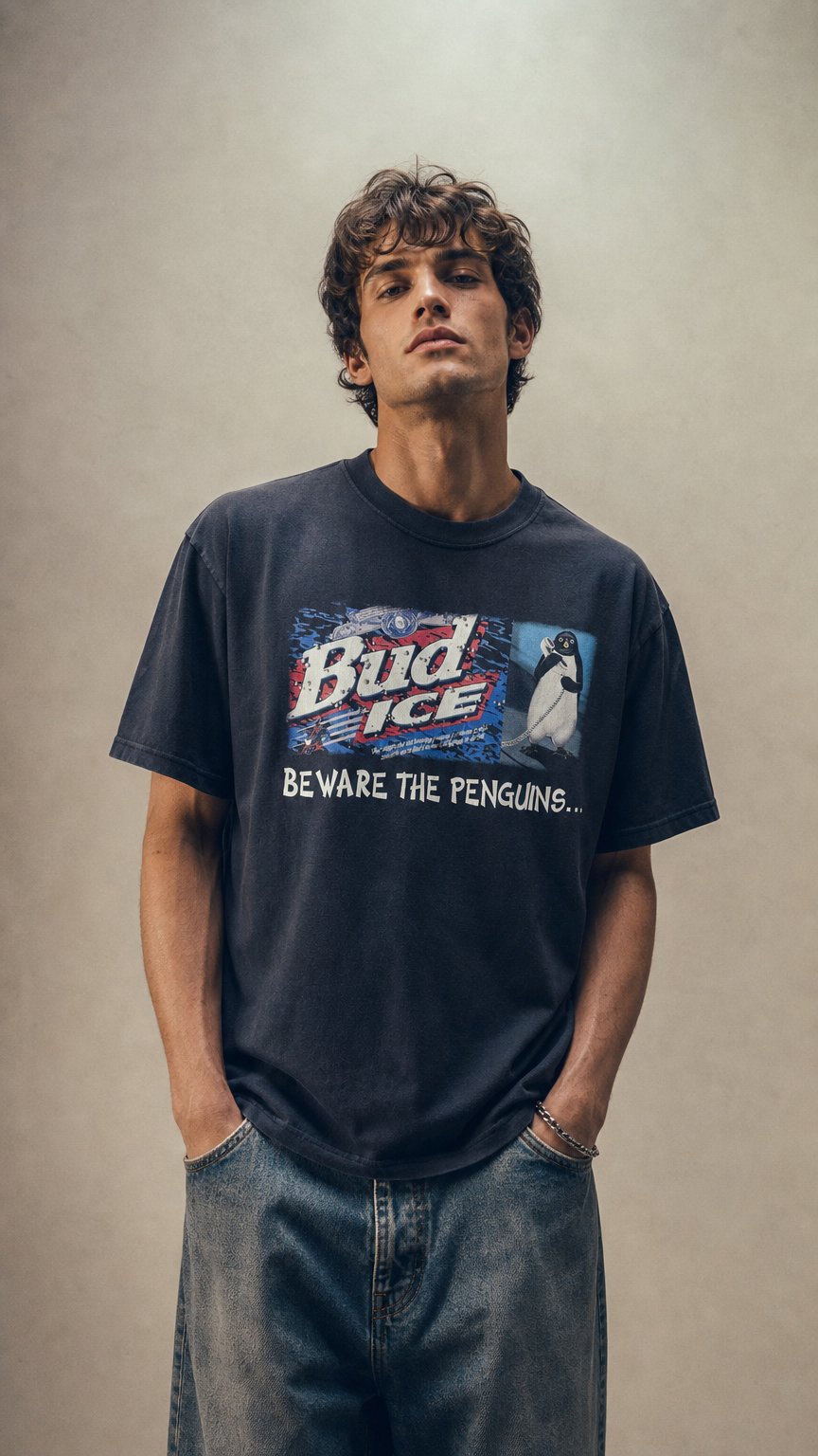 AI product shot of Bud Ice Penguin Tee Heavyweight Black T-shirt