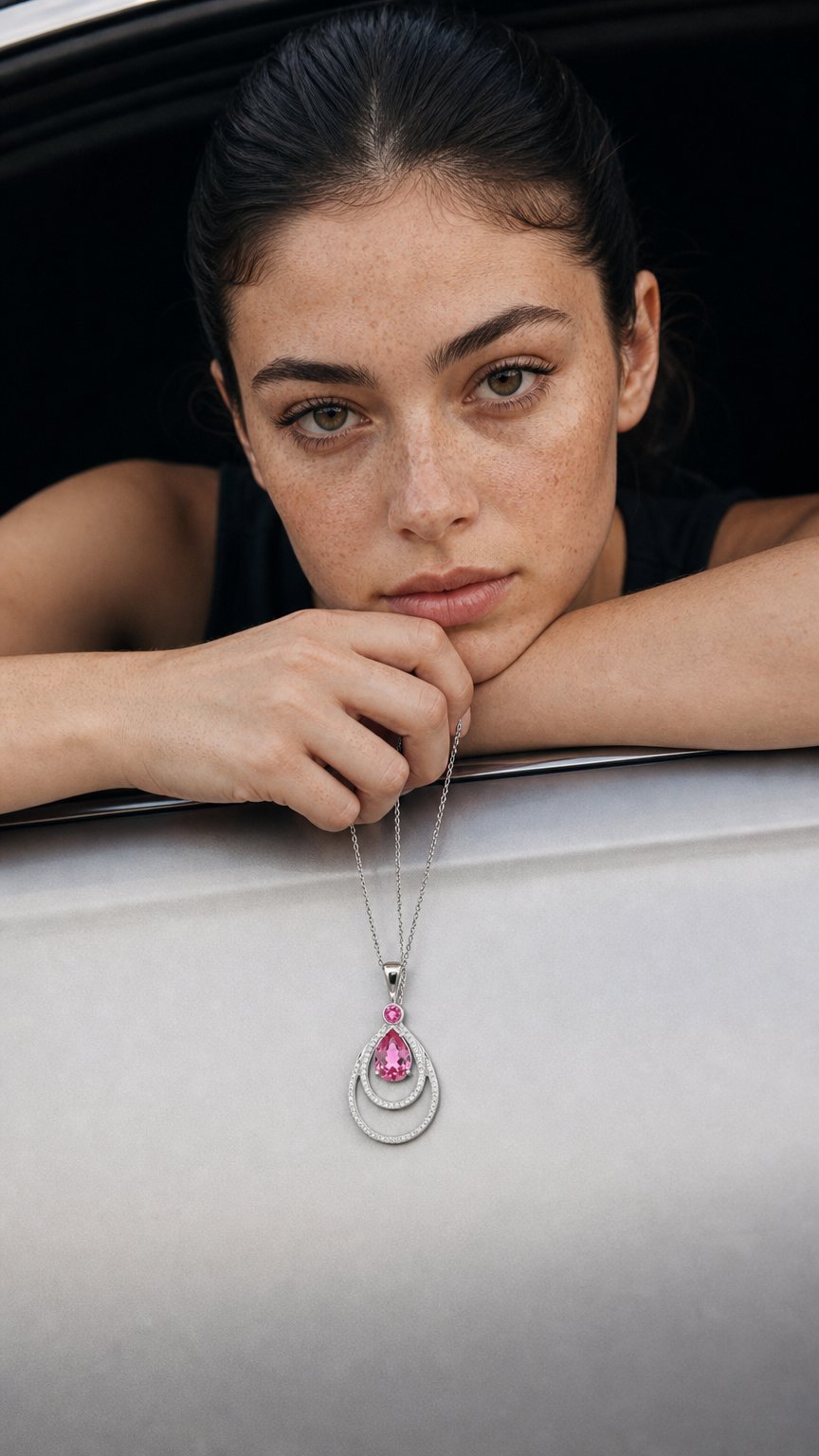AI product shot of 14kt White gold genuine pink tourmaline and diamond pendant by ICEBOX&CO.