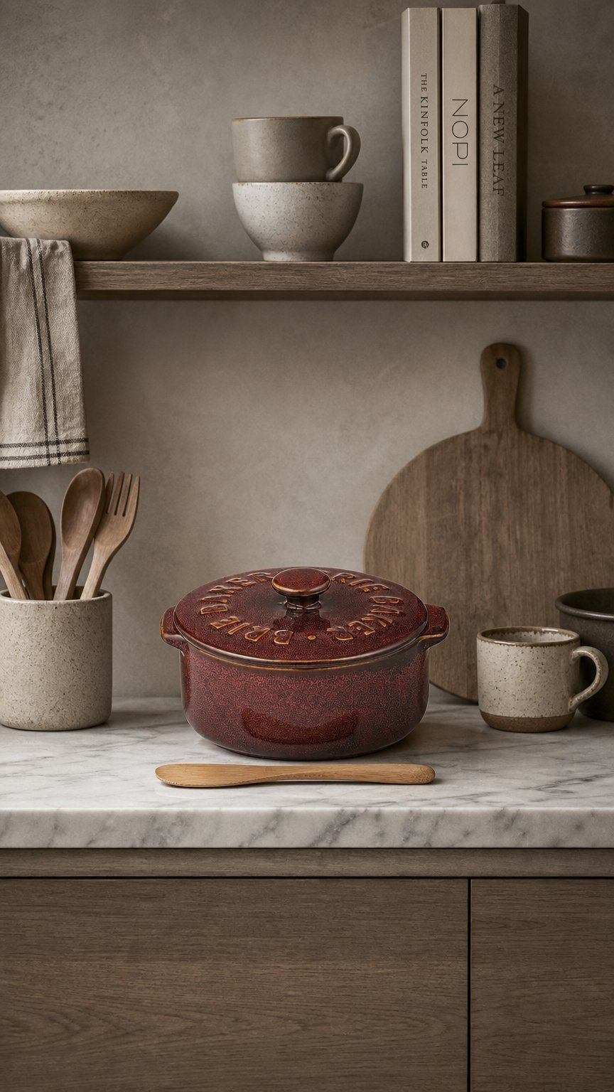 AI product shot of Loire Ceramic Brie Baker - Burgundy