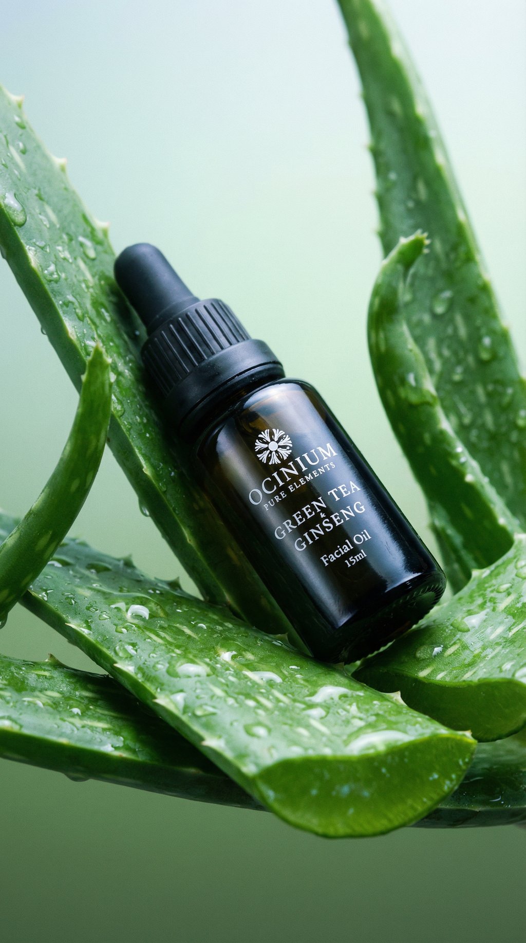 AI product shot of Green Tea + Ginseng Facial Oil