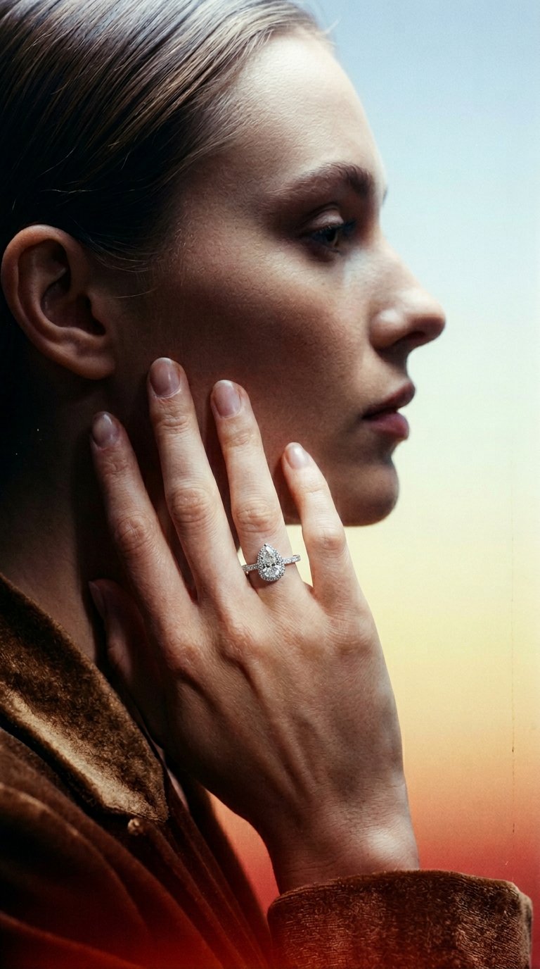 AI product shot of OneSixEight Pear Shaped Diamond Ring Half Eternity Band 18K White Gold