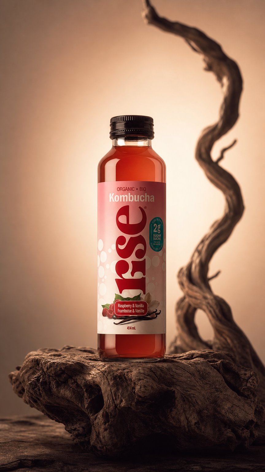 AI product shot of Raspberry & Vanilla Kombucha