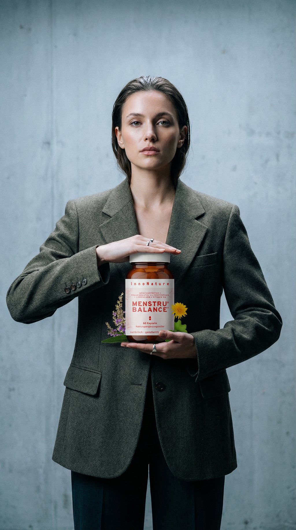AI product shot of Menstru® Balance Kapseln: Mönchspfeffer, Frauenmantel, L-Tryptophan, Löwenzahn und Vitamin B6