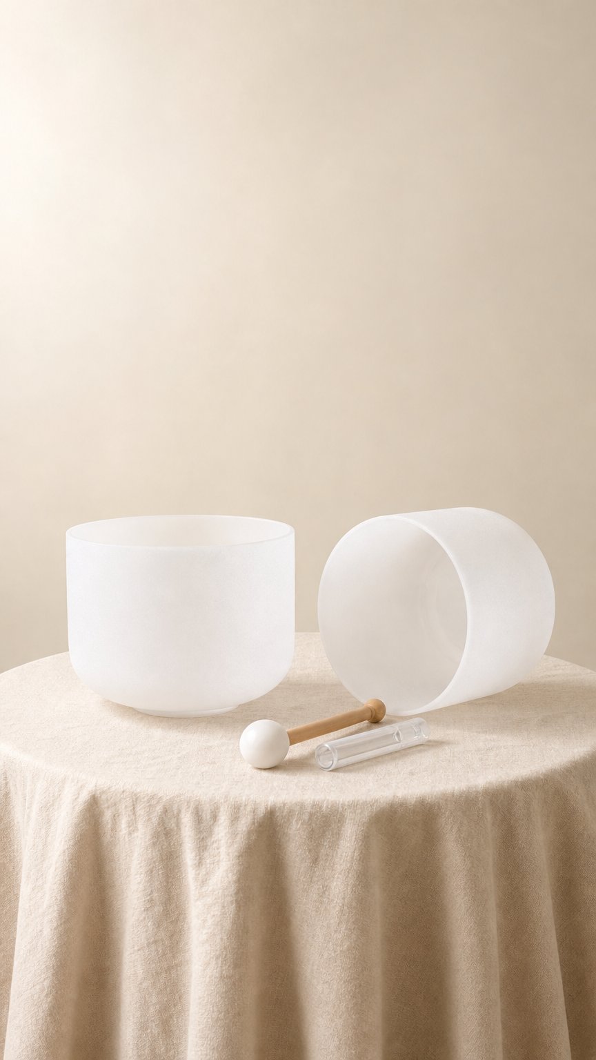 AI product shot of Set of 4 White Crystal Singing Bowls in Beige Bag
