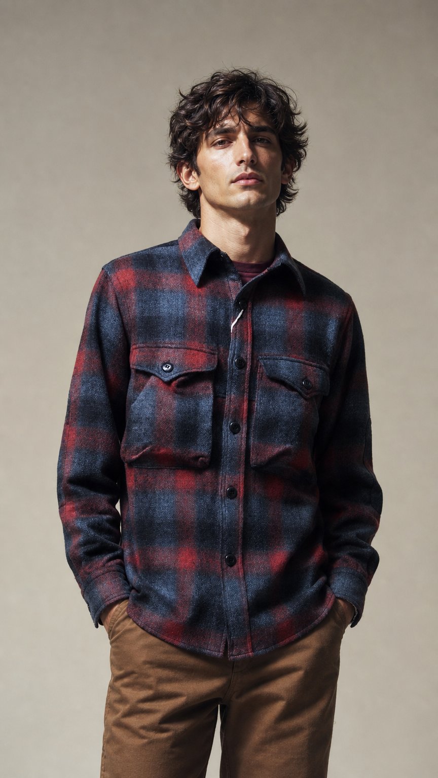 AI product shot of Freewheelers “HIGHBALLER” Ombre Check Wool Logger Shirt (Black X Grey X Red)