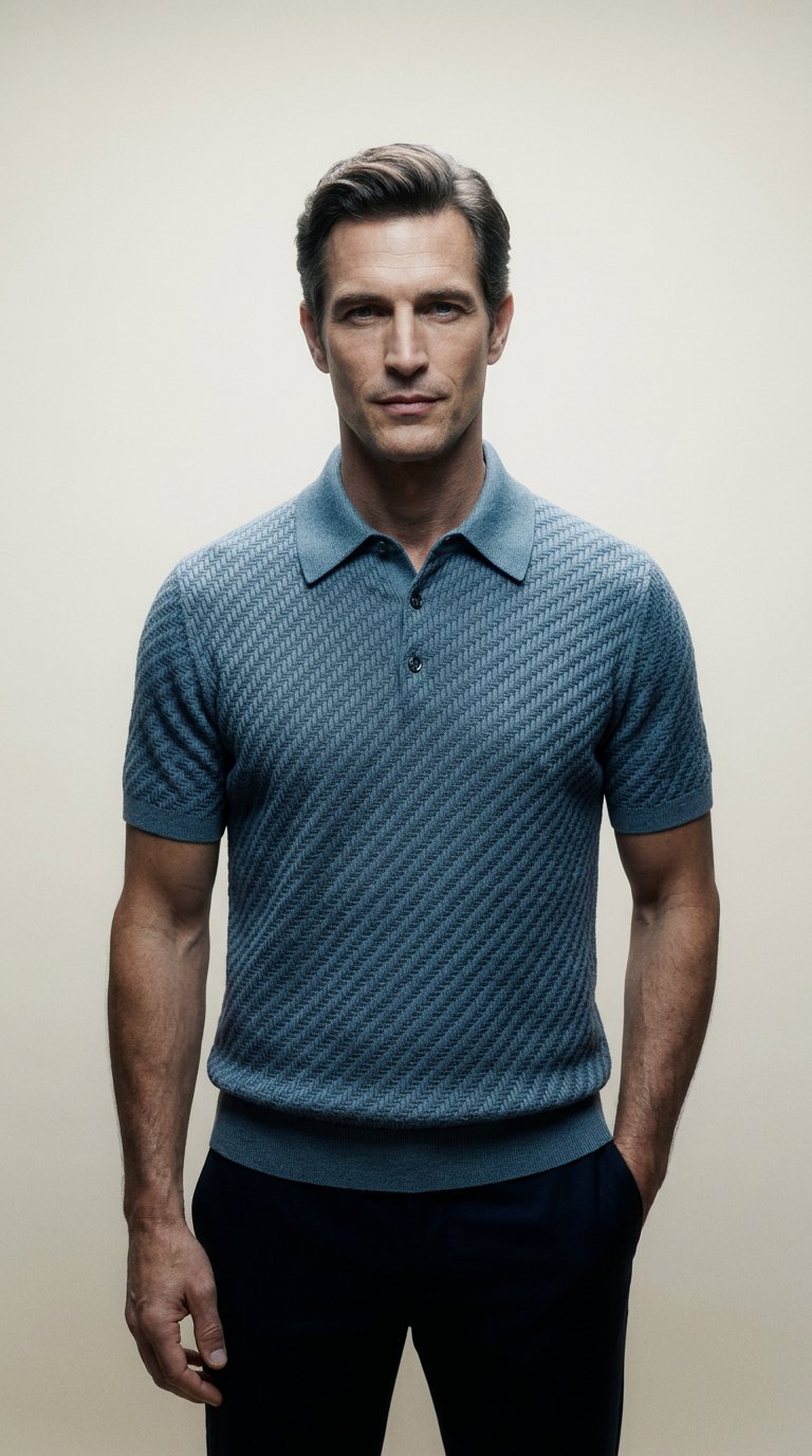 AI product shot of Steel blue cotton, silk and cashmere Trama weave polo