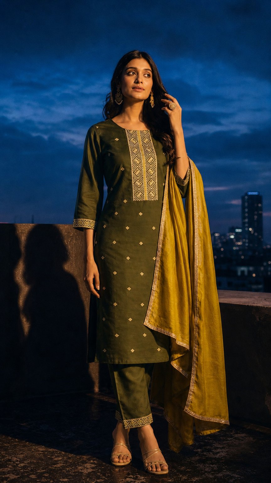 AI product shot of Roman Silk kurti With Fancy Embroidery Work kurti Set