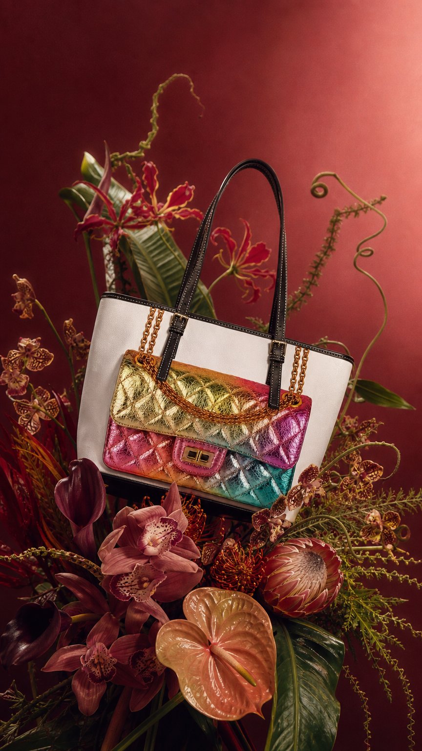 AI product shot of Rainbow Metallic Quilted Tote Bag, Colorful Chain Purse Print Tote, Luxe Fashion Art Handbag, Statement Shoulder Bag