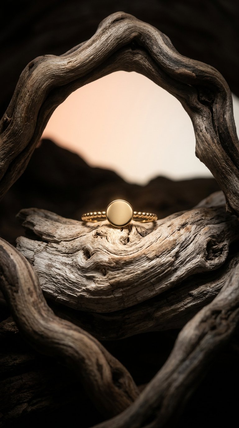 AI product shot of MISS MIMI 14k Yellow Gold Beaded Band Disc ring