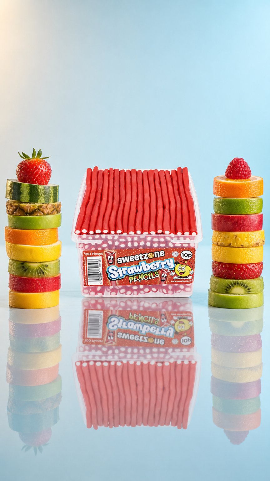 AI product shot of Sweetzone Strawberry Pencils 1.1kg Tub of 100 HMC Certified Halal VEGETARIAN