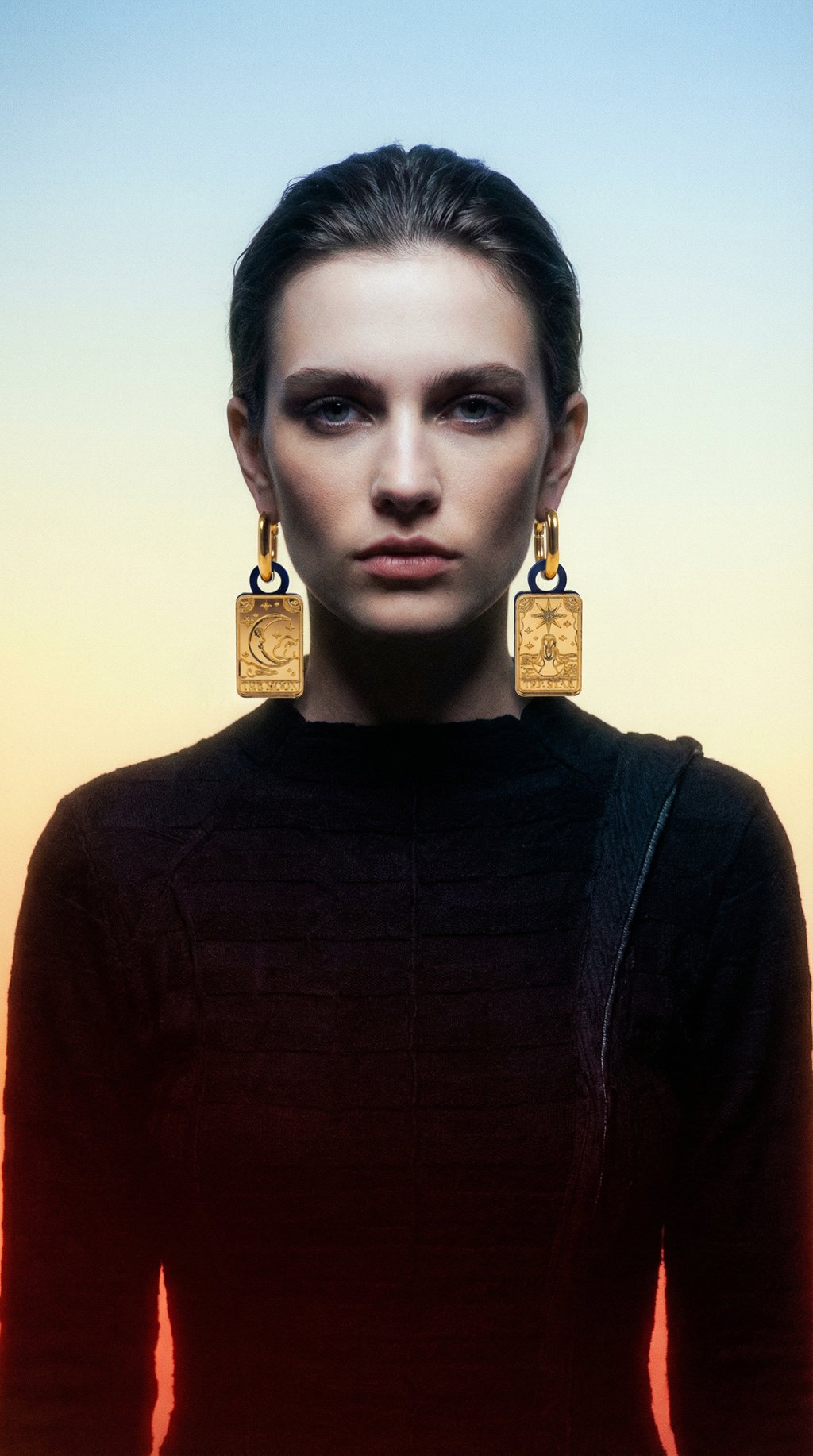 AI product shot of Tarot Card Huggie Hoop Earrings