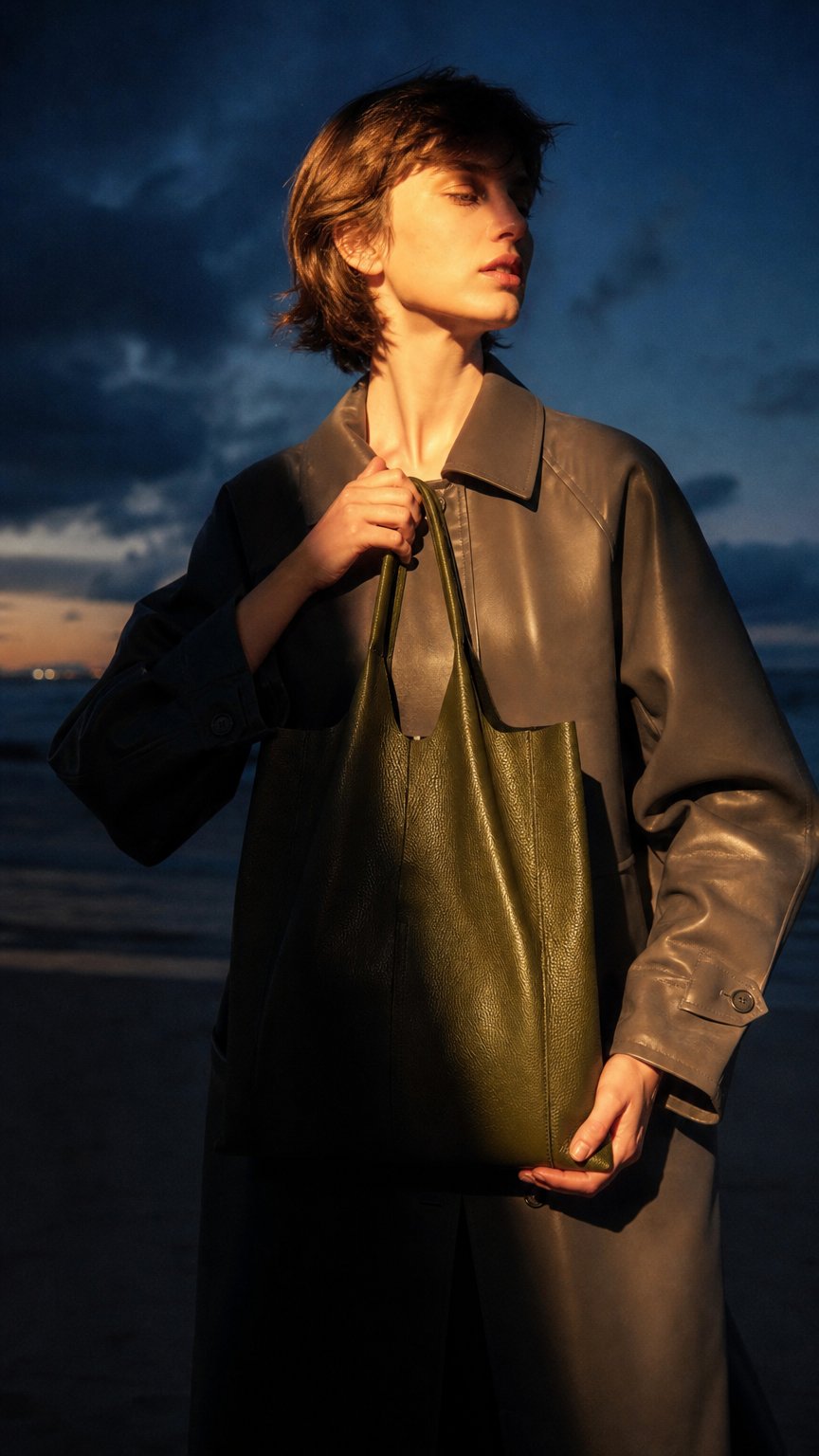 AI product shot of Envelope Shopping Bag in Leather - Army green