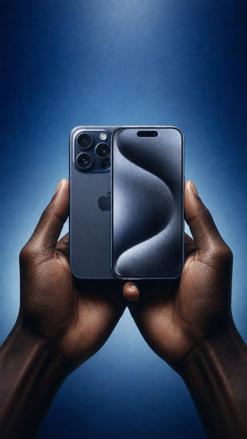 AI product shot of Apple iPhone 15 Pro servis, výměna displeje, baterie, zadního skla a nabíjení