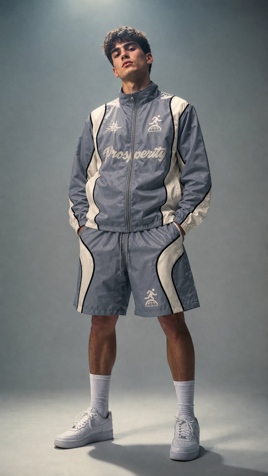 AI product shot of "The State Of Being Prosperous" Windbreaker Set