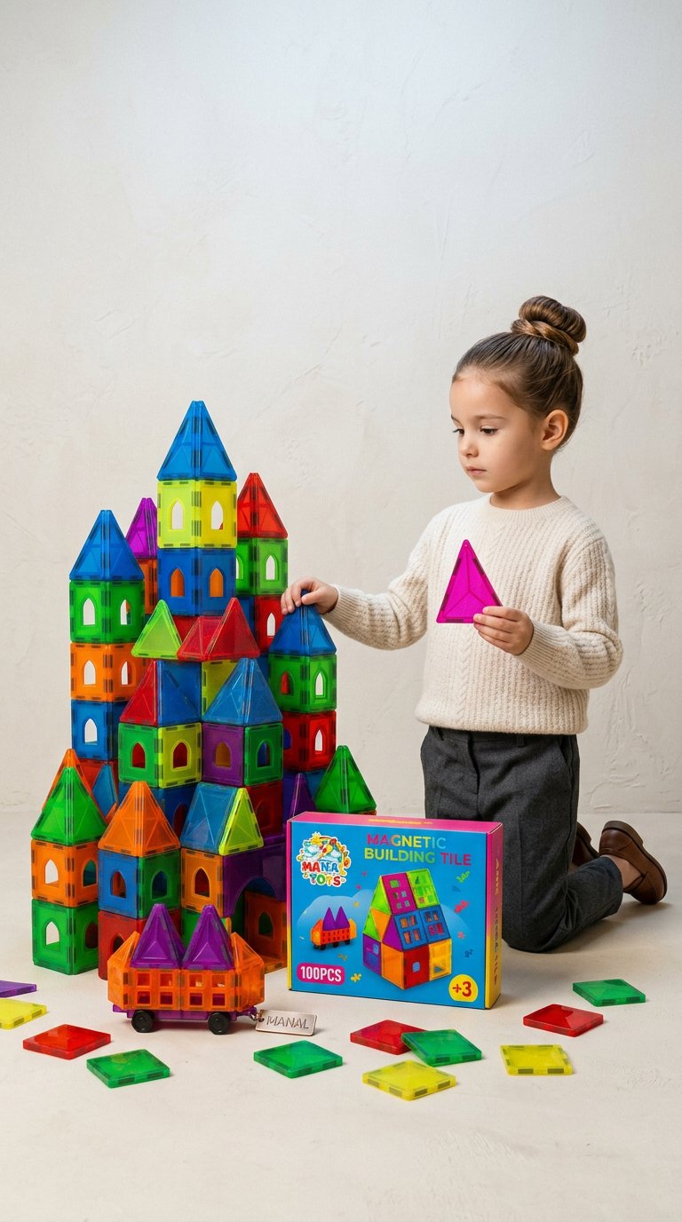 AI product shot of Magnetic Tiles 100 PCS Set for Kids | STEM Learning Building Blocks | Strong Magnets | Educational Toy Ages 3+ Boys & Girls | With Gift Bag