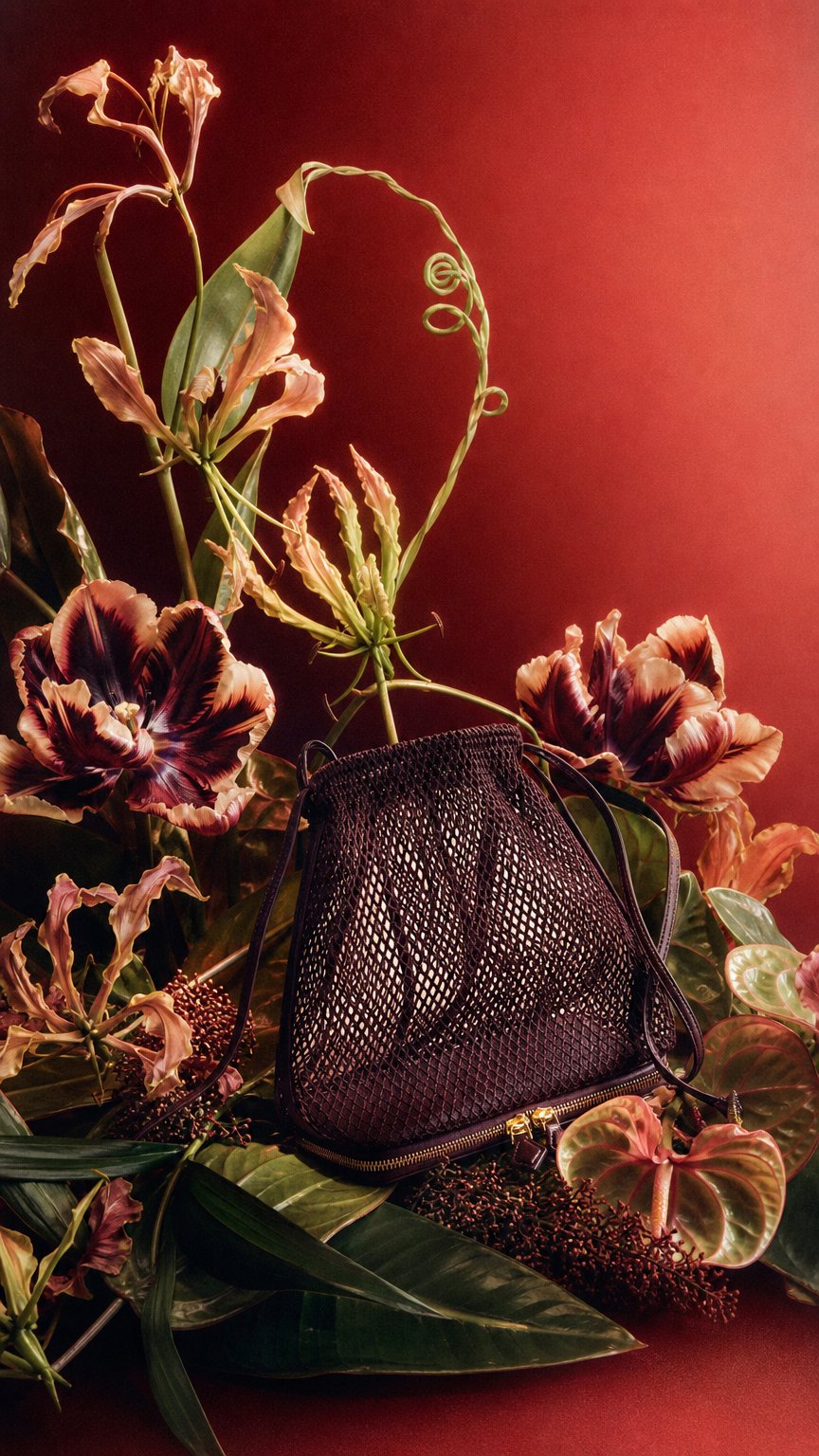 AI product shot of Le Pochon Fishnet Bag, Grenat