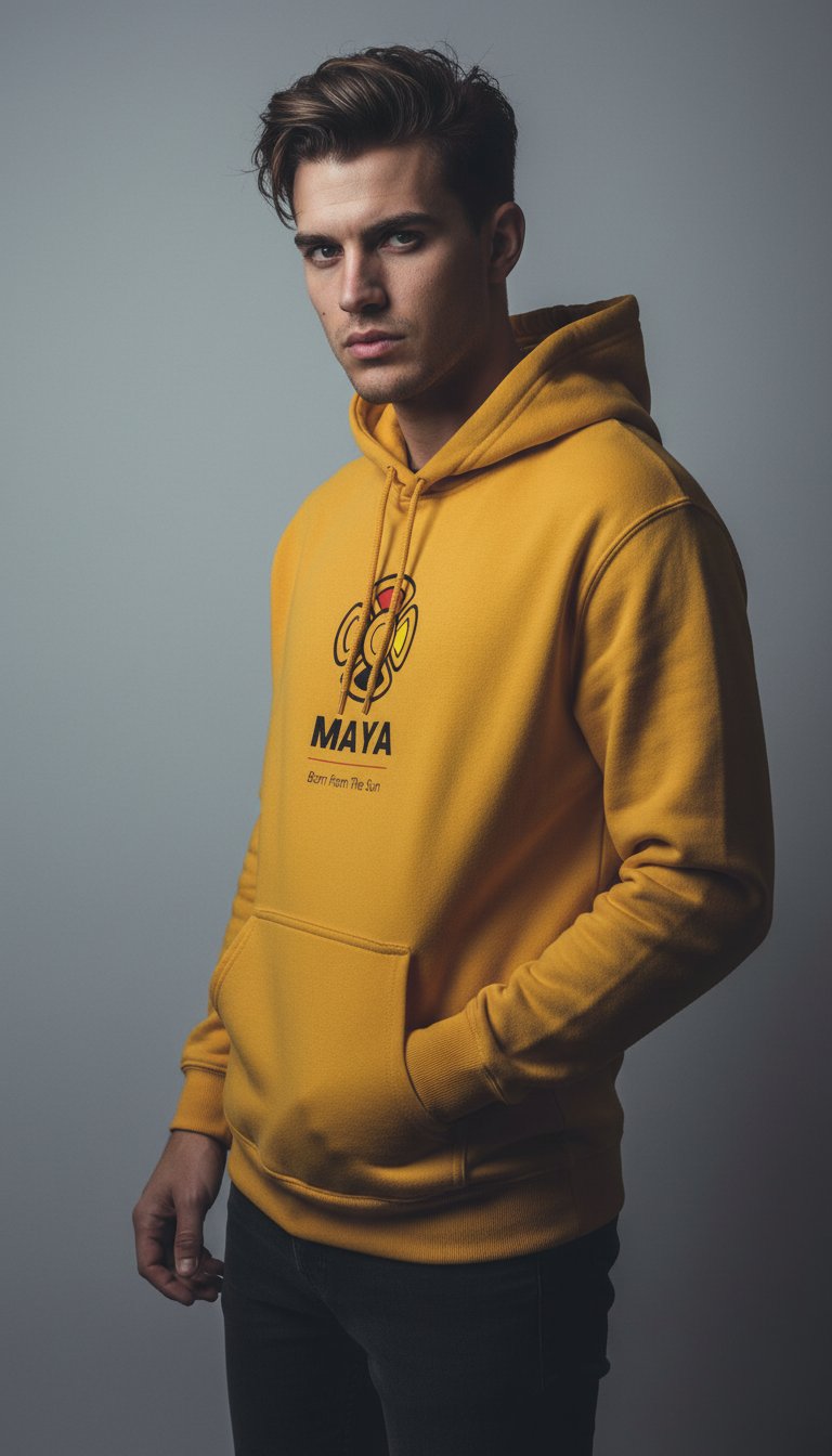 AI product shot of MAYA “Born From the Sun” Hoodie
